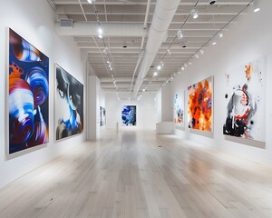 A refined art gallery with high ceilings and white walls, featuring a series of large, bold paintings that create a powerful visual impact.