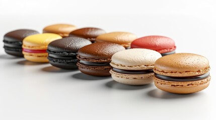 Obraz premium row of macarons with different flavors on a white surface