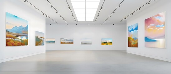 A refined art gallery with minimalist white walls, featuring a selection of landscape paintings that evoke a sense of tranquility and beauty.