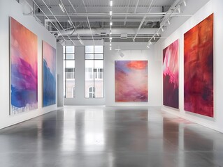 A refined art gallery with high ceilings and white walls, featuring a series of large, bold paintings that create a powerful visual impact.