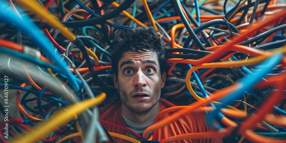 Wall mural man looking at tangled colorful wires representing complexity and confusion. concept abstract, compl