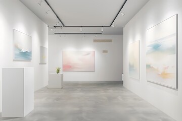 A refined art gallery with minimalist white walls and soft natural light, displaying a selection of abstract paintings that evoke a sense of calm and introspection.