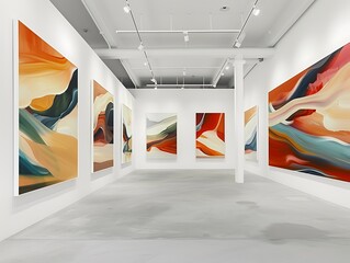 A refined art gallery with white walls and a minimalist design, displaying a series of large-scale paintings that captivate with their vibrant colors and intricate details.