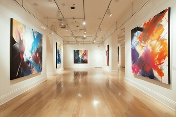 A refined art gallery with white walls and hardwood floors, displaying a series of abstract paintings in a clean and organized layout, enhancing their visual impact.