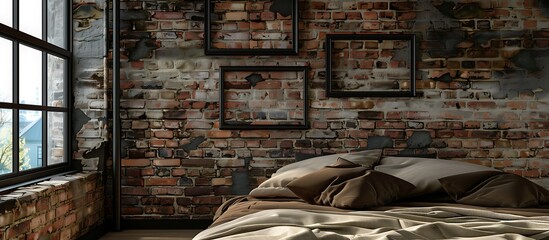 A rustic bedroom with a brick wall, featuring three small empty black frames in a triangle.