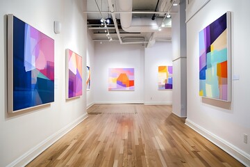 A refined art gallery with white walls and hardwood floors, displaying a series of abstract paintings in a clean and organized layout, enhancing their visual impact.