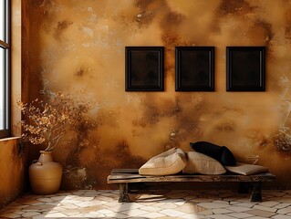 A rustic bedroom with a burnt umber wall, featuring three small empty black frames in a triangle.