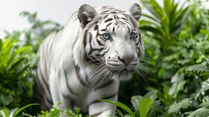Naklejka premium white tiger walking through the jungle with green plants