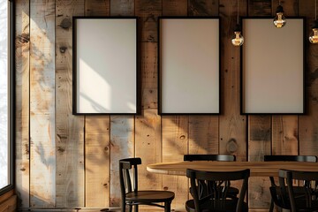 A rustic dining room with a cedar wood wall, featuring three small empty black frames in a vertical stack.