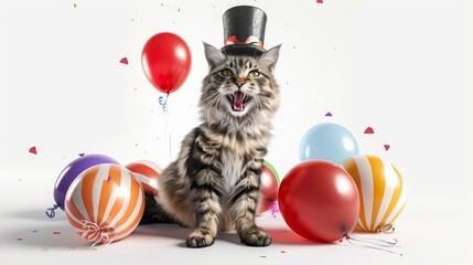 cat sitting in front of balloons and a top hat