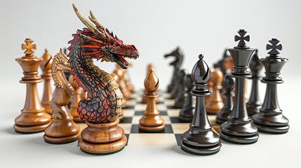 chess board with a dragon statue on it