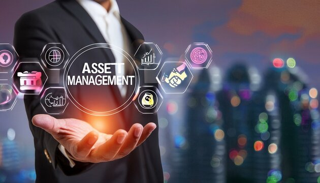 Asset Management  Businessman Hand Holding Asset Management Icon with Technological Icons. Financial Insights and Strategic Planning, Risk Assessment and Portfolio Optimizations