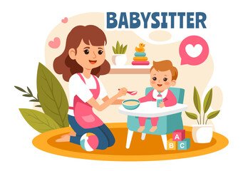 Babysitter or Nanny Services Vector Illustration for Caring for Babies, Providing for Their Needs and Playing with Baby in a Flat Cartoon Background