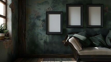 A rustic living room with a dark green wall, displaying three small empty black frames in a diagonal stack.