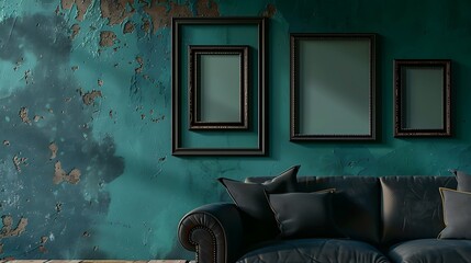 A rustic living room with a dark teal wall, displaying three small empty black frames in a diagonal stack.