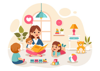 Babysitter or Nanny Services Vector Illustration for Caring for Babies, Providing for Their Needs and Playing with Baby in a Flat Cartoon Background