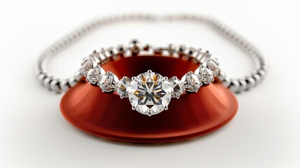 diamond ring on a red plate with a chain