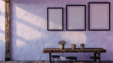 A rustic living room with a light purple wall, featuring three small empty black frames in a vertical stack.