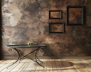 A rustic living room with a mocha brown wall, featuring three small empty black frames in a diagonal arrangement.