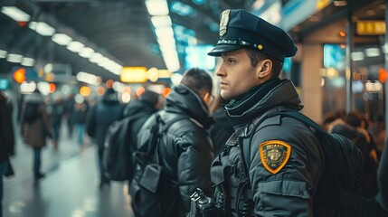 Transit Police Officer Assisting Passenger in Crowded Station with Professionalism and Attention to Security