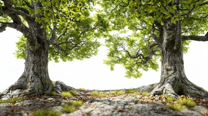 group of trees with green leaves on the ground