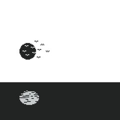 Pixel art of full moon and its shadow of birds on the sea with black and white background and copy space. can be used for wallpaper, template card and background. Simple and cute card.