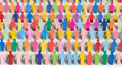 A Paper cut out of a large crowd of people standing together with different colors. Diverse community and teamwork concept
