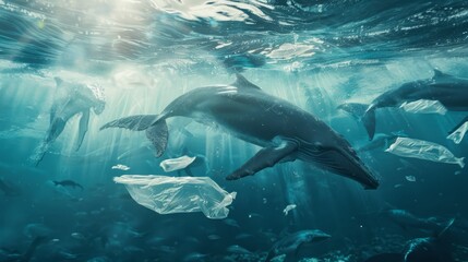 Obraz premium Whale in the sea full of plastic, environmental conservation concept