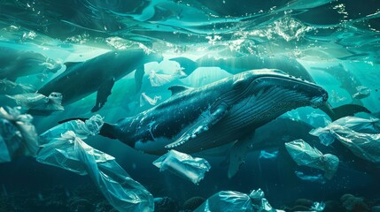 Fototapeta premium Whale in the sea full of plastic, environmental conservation concept