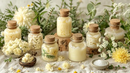  A flatlay of Shea butter care products on a light fabric background with fresh herbs and decorative stones.