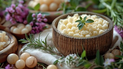  A flatlay of Shea butter items on a soft fabric background with fresh herbs and decorative stones.