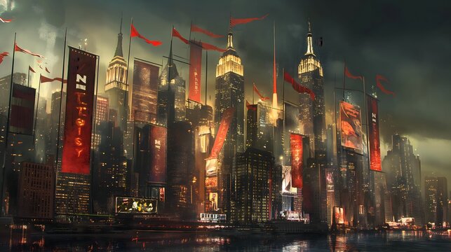 4. Highlight the historical significance of Labor Day by depicting iconic landmarks adorned with flags and banners celebrating the contributions of workers to society, against the backdrop of a