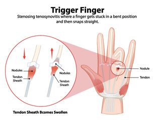 Obraz premium Diagram explaining trigger finger condition and symptoms