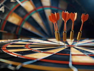 Fototapeta premium Four red arrows are on a black and brown target