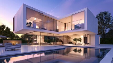 Fototapeta premium beautiful modern white luxury house with swimming pool at night