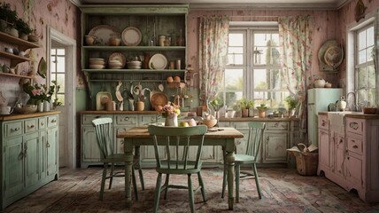 shabby chic kitchen floral wallpaper, wooden furniture, rustic dining table. The kitchen decorated with potted plants, hanging utensils, and various kitchenware. Sunlight streams through the windows