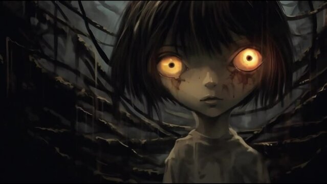 Close-up Dark Anime Style Paranoid Child Character in a Nightmare Environment