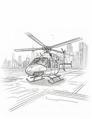 Fototapeta premium Helicopter in the city. Coloring Pages: Printable Transportation Line Art for All Ages - Relaxing Coloring Pages for Adults - Printable pages - Black and white 