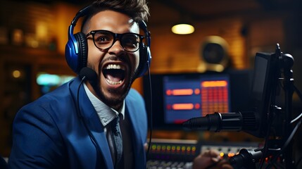 Fototapeta premium The radio DJ shouts loudly into the microphone.