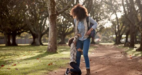 Mother, kid or angry for school outdoor with tantrum, struggle or fighting in the park with backpack. Family, mom and son with behavior problem or adhd for preschool in forest with conflict or stress