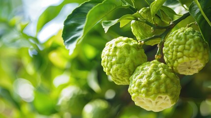 Fototapeta premium Fresh Bergamot Fruit Hanging from a Tree Branch in a Garden Symbolizing Health and Wellness