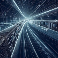 Fototapeta premium Modern abstract high-speed movement. Dynamic motion light trails on dark blue background. Futuristic, technology pattern for banner or poster design background concept.