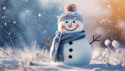 Cheerful Snowman with Hat and Scarf in Snowy Winter Landscape