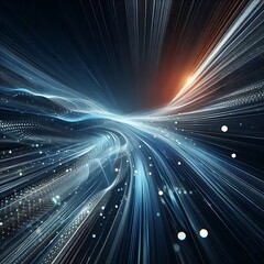 Obraz premium Modern abstract high-speed movement. Dynamic motion light trails on dark blue background. Futuristic, technology pattern for banner or poster design background concept.