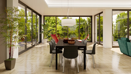 Large luxury modern bright interiors Living room mockup illustration 3D rendering image