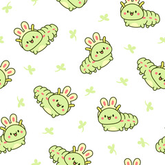 Cute kawaii caterpillar. Seamless pattern. Cartoon little insect characters. Hand drawn style. Vector drawing. Design ornaments.