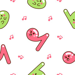 Cute kawaii music notes. Seamless pattern. Funny cartoon character. Hand drawn style. Vector drawing. Design ornaments.