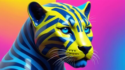 A bold and vibrant depiction of a tiger with striking neon blue and yellow stripes, set against a vivid gradient background, capturing a modern and surreal aesthetic.