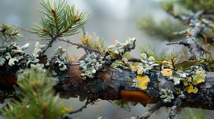 Abstract north nature scene with a composition of lichen, pine branches, and dry snags