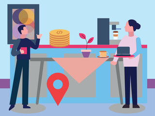 A waitress is serving food in a restaurant.